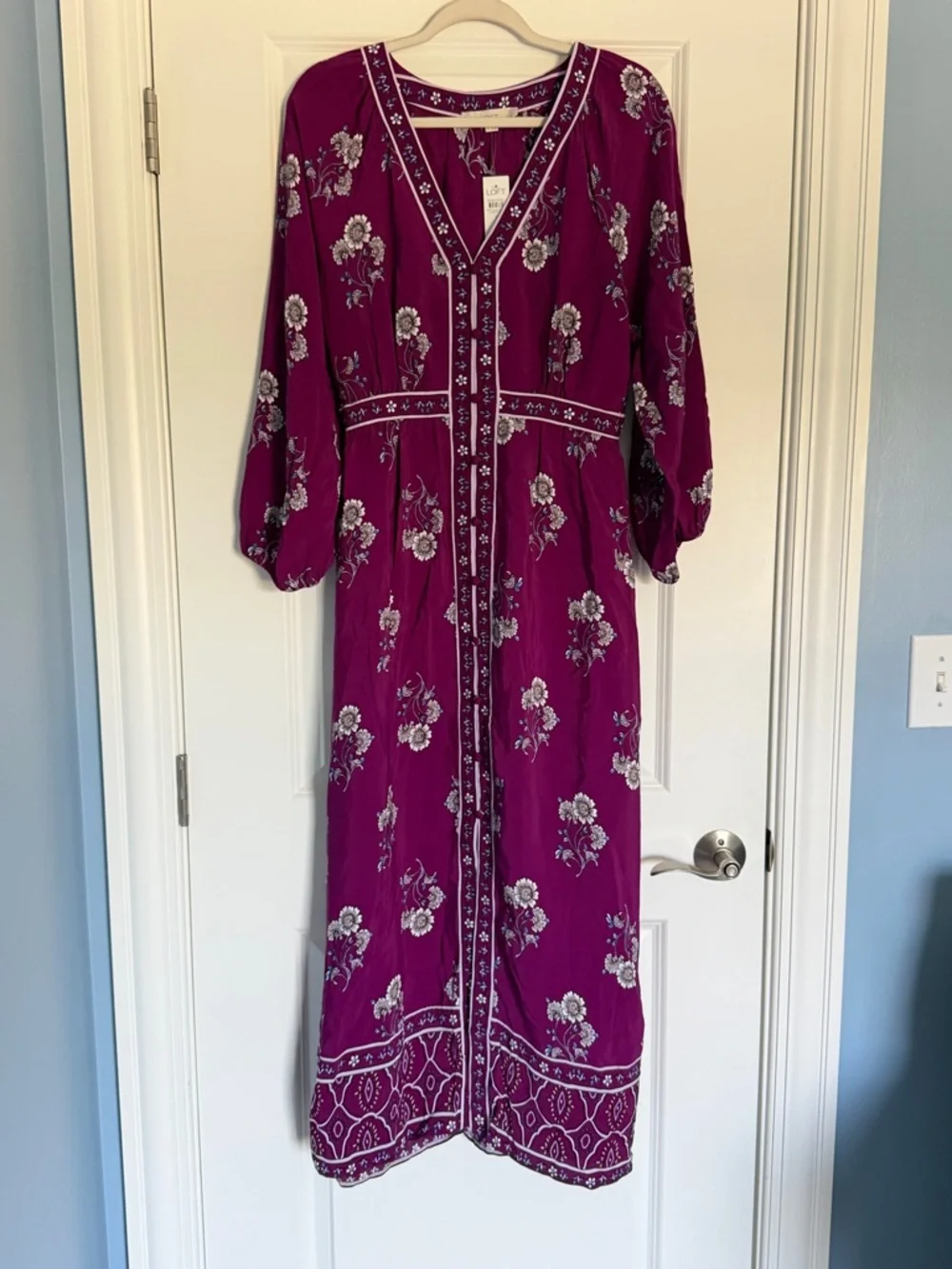 New! Loft Plum Caspia Floral Puff Sleeve Button Midi Dress Size 10 54513 - Picture 2 of 16